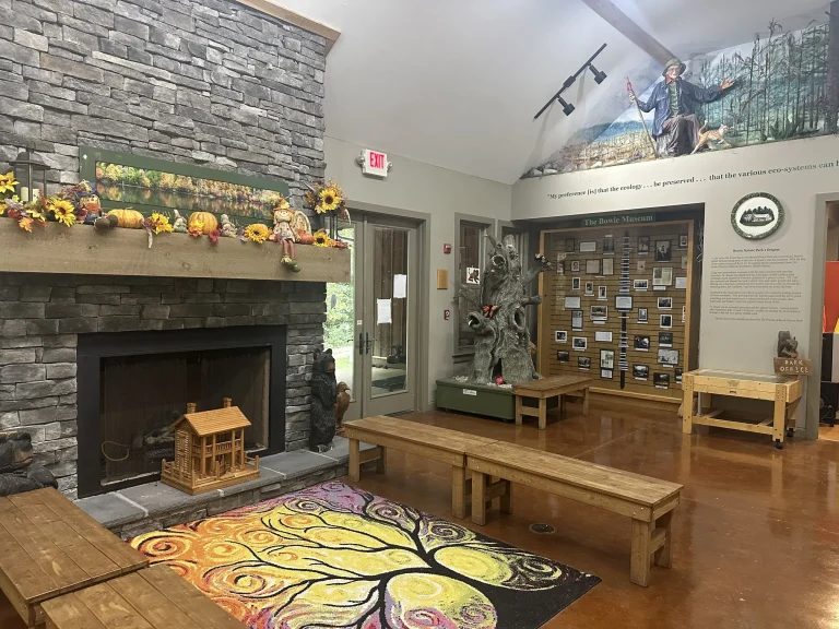 Inside the Bowie Nature Center, with the stone fireplace, benches and exhibit wall